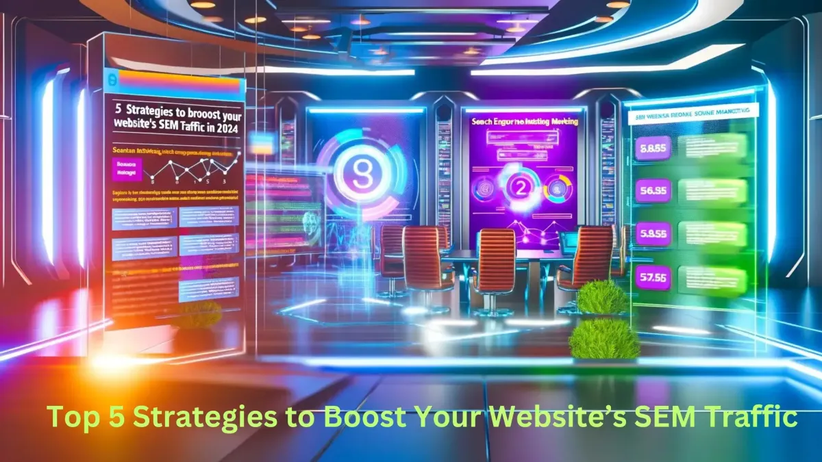Dynamic blog banner depicting a futuristic digital marketing dashboard with advanced SEM tools and analytics, set in a modern office environment, designed to illustrate strategies for boosting website SEM traffic in 2024.