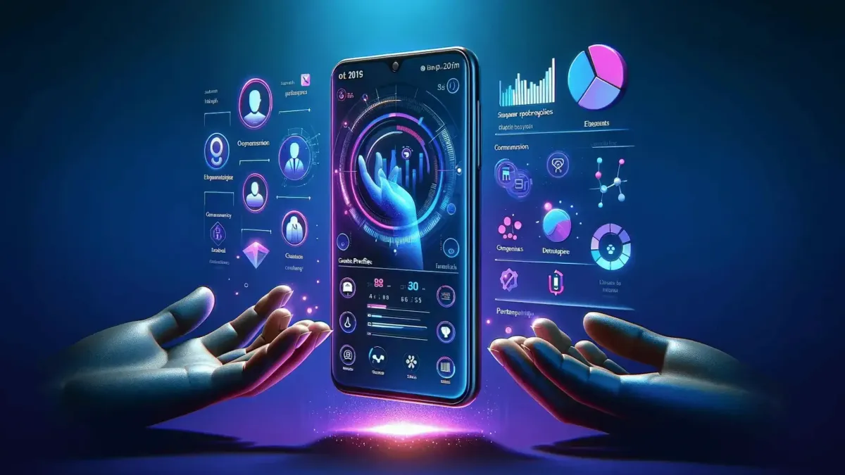 Futuristic mobile phone displaying a CRM dashboard with customer profiles, analytics, and a to-do list, surrounded by digital icons on a dark blue to purple gradient background, with the title "Elevate Your CRM Strategy with the Go High Level 360 Mobile App" at the top.