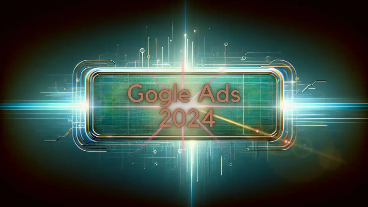 Sleek and professional blog banner for 'Google Ads in 2024', showcasing a digital, tech-oriented design with prominent, modern typography and a background of blue and green gradients, symbolizing cyberspace and data connectivity.