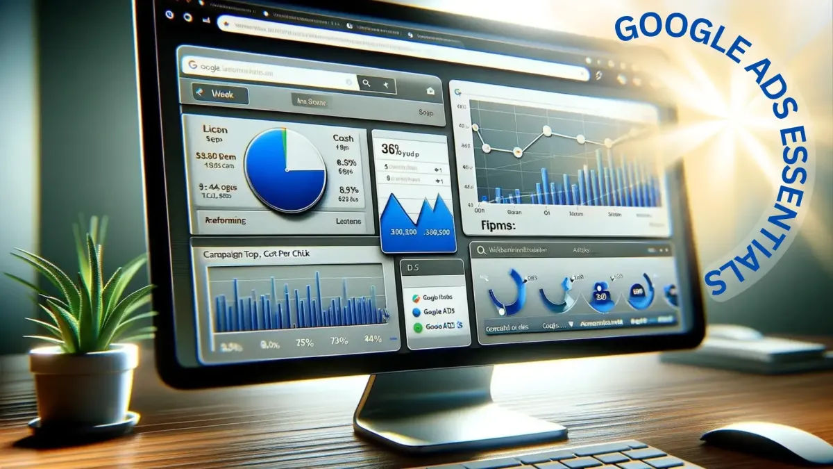 Highly detailed view of a computer monitor showing Google Ads operations, including real-time analytics, performance graphs, and various campaign tools, all sharply focused with a softly blurred background.
