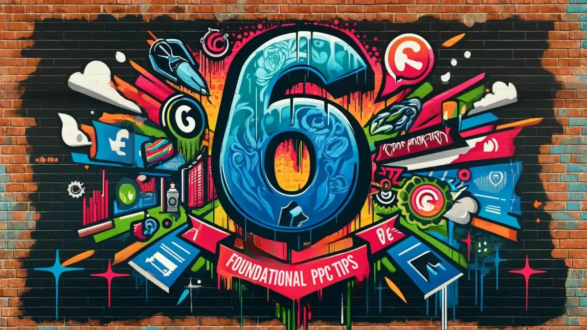Wide aspect ratio graffiti artwork themed around '6 Foundational Tips to PPC Marketing in 2024', showcasing energetic graffiti text and imagery on a textured brick background. Key PPC marketing symbols like search bars and cursors are artistically blended with the prominent number '6', highlighted in vivid colors of blues, greens, and reds.