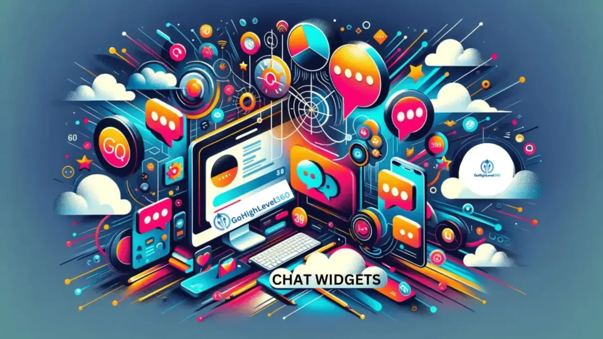 Image od a desk top with a computer screen with a bunck of chat widge bubles all around it