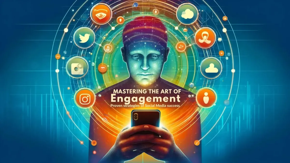 Person holding smartphone surrounded by social media icons, with background graphs illustrating engagement metrics. Vibrant colors suggest progress.
