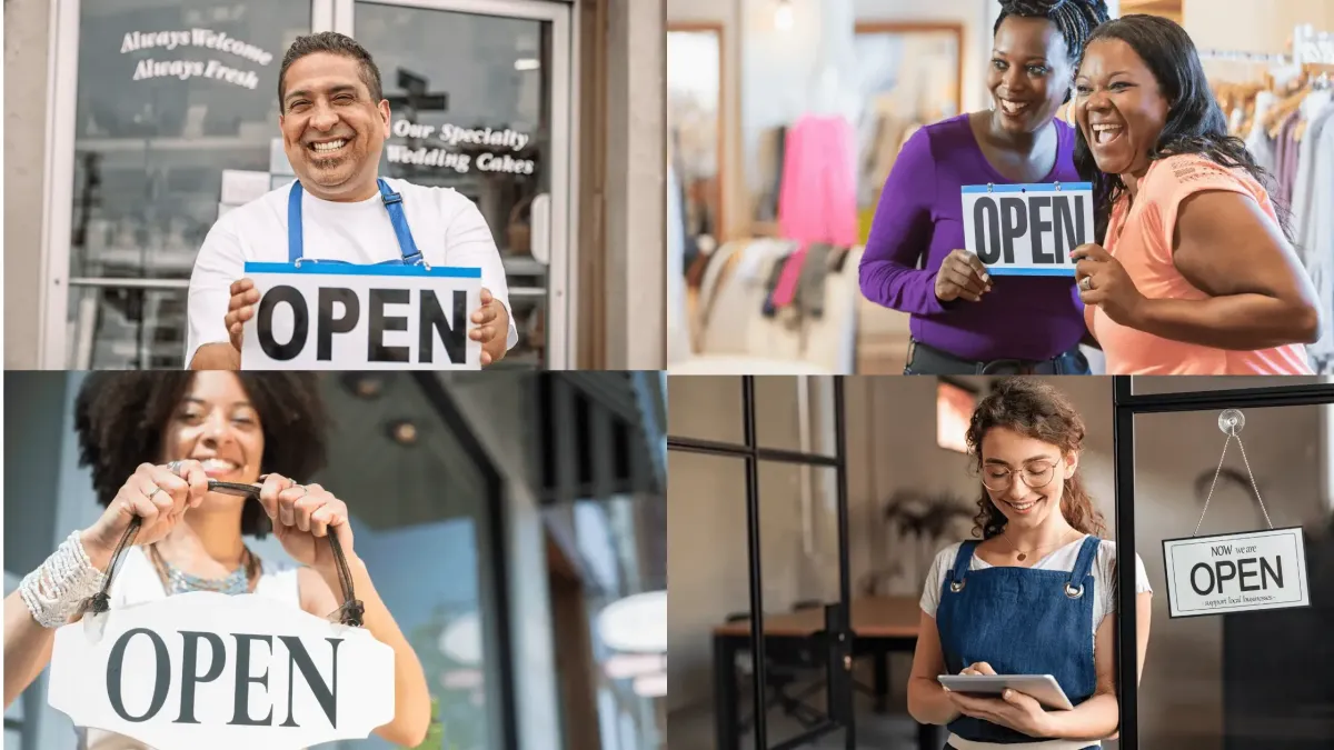 Picture shows 4 business owners with "open" sign infront of their business