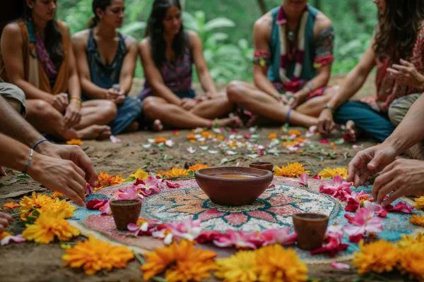 A group gathered in sacred circle around a flower mandala altar, representing co-creation, ceremony, and soul-aligned business.