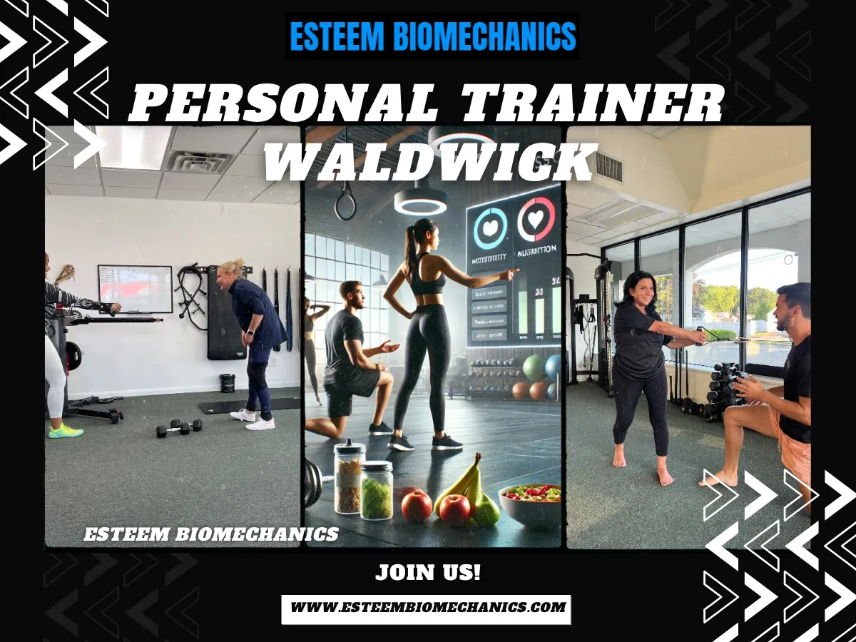 Promotional banner for Esteem Biomechanics personal trainer services in Waldwick, NJ, showing trainers working one-on-one with clients in a gym setting, with large text reading “Personal Trainer Waldwick” and a call-to-action to join and visit esteem biomechanics dot com.