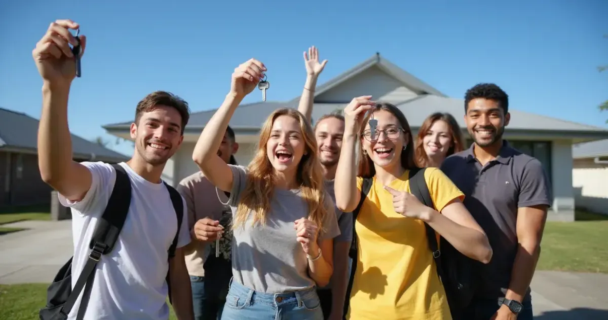 Group of happy young first-time home buyers celebrating with house keys in front of a newly purchased home in Australia.