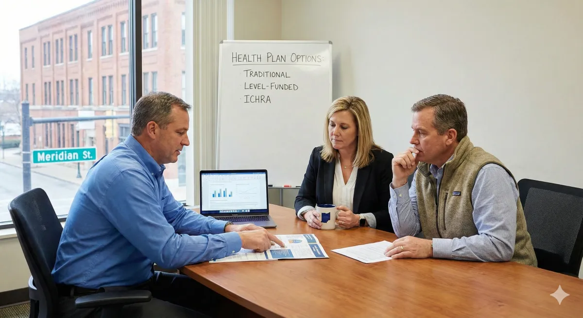 Indiana small business owners reviewing employee benefits options with BlackIron Financial
