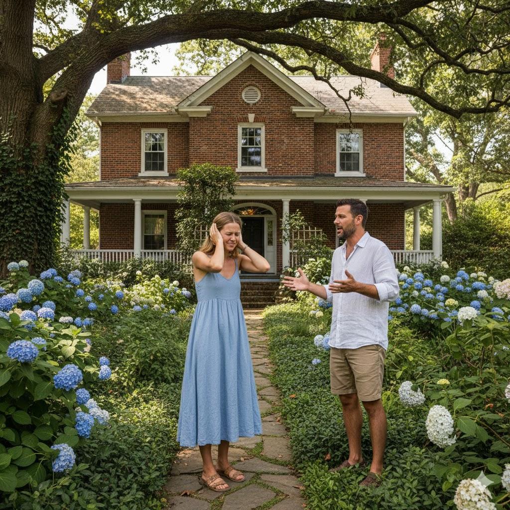 A woman in a blue dress covers her ears with her hands, looking distressed, while a man in a white shirt and khaki shorts gestures emphatically as he speaks to her. They stand on a stone path in a lush, well-maintained garden with blue and white hydrangeas. In the background, a large, traditional brick house with a front porch and mature trees is visible. The scene could represent the overwhelming or potentially misguided advice a homebuyer might receive if they engage with a Realtor before clearly defining their own needs and priorities