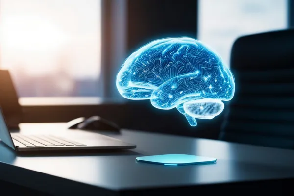 A glowing holographic brain hovering above a desk next to a laptop in a modern