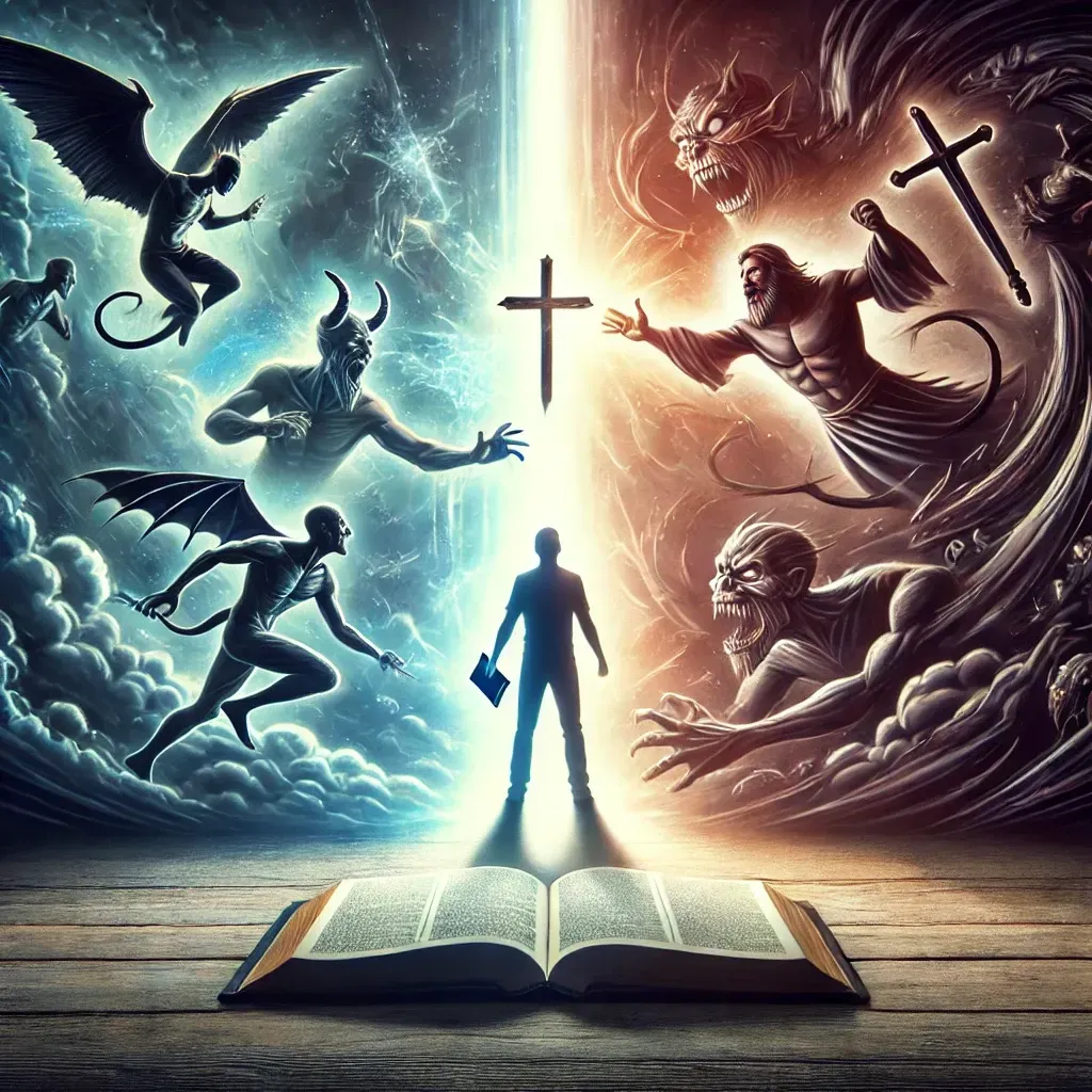 A believer stands strong in the light of Jesus, casting out dark, shadowy figures representing demons. The background contrasts light and darkness, symbolizing the fight between good and evil. A Bible and a cross emphasize the Christian theme.