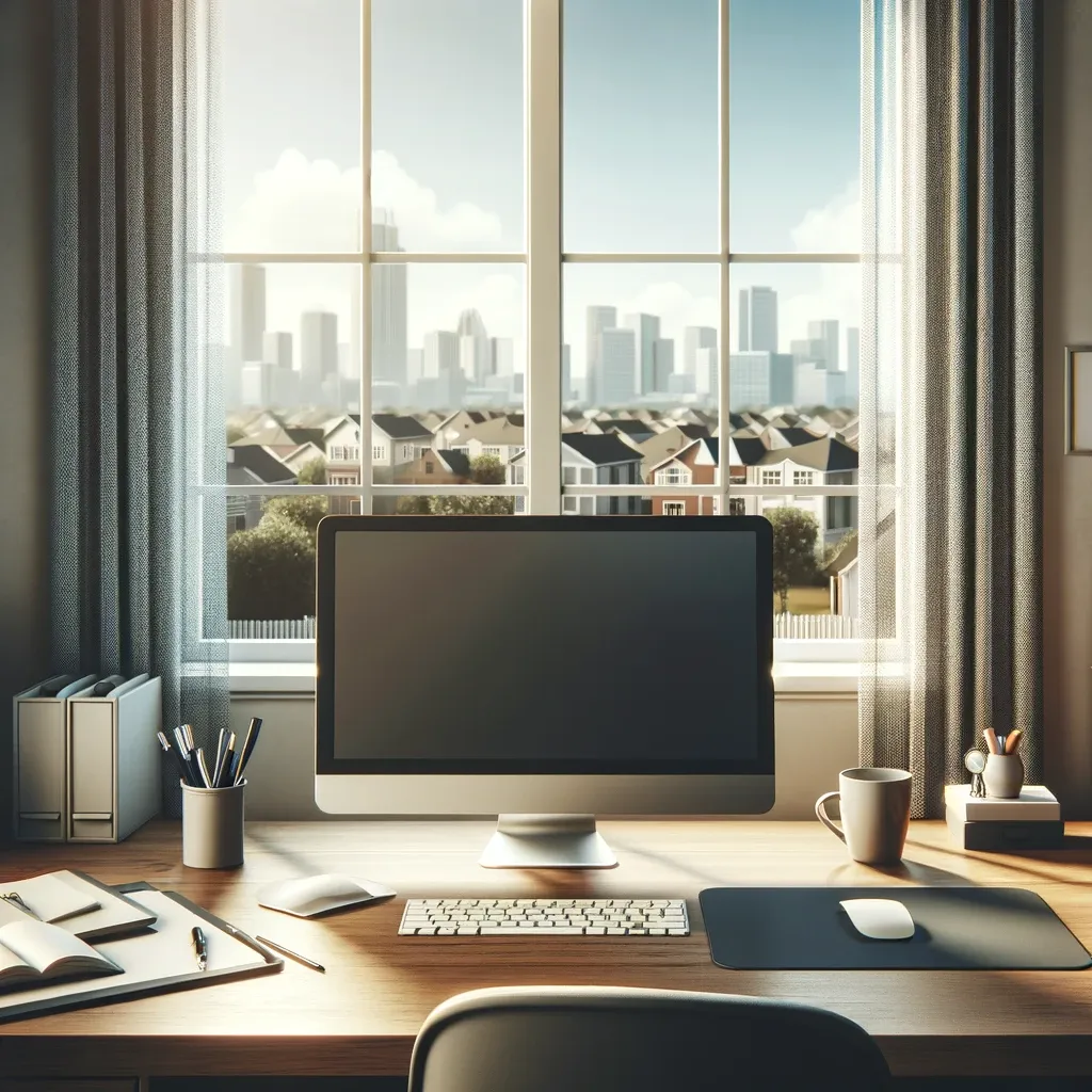 A blank computer screen with a suburban town skyline outside the window in the background.