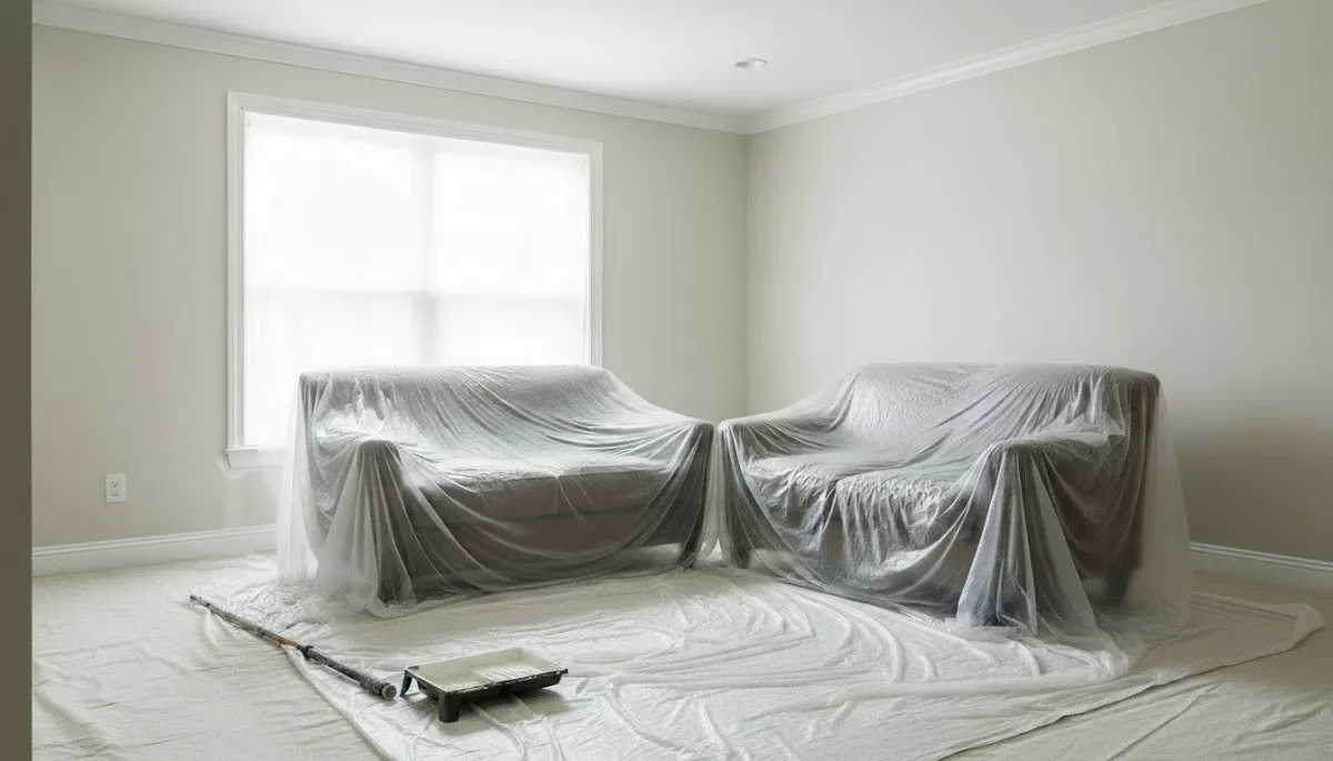 Furniture covered with plastic and drop cloths in a living room