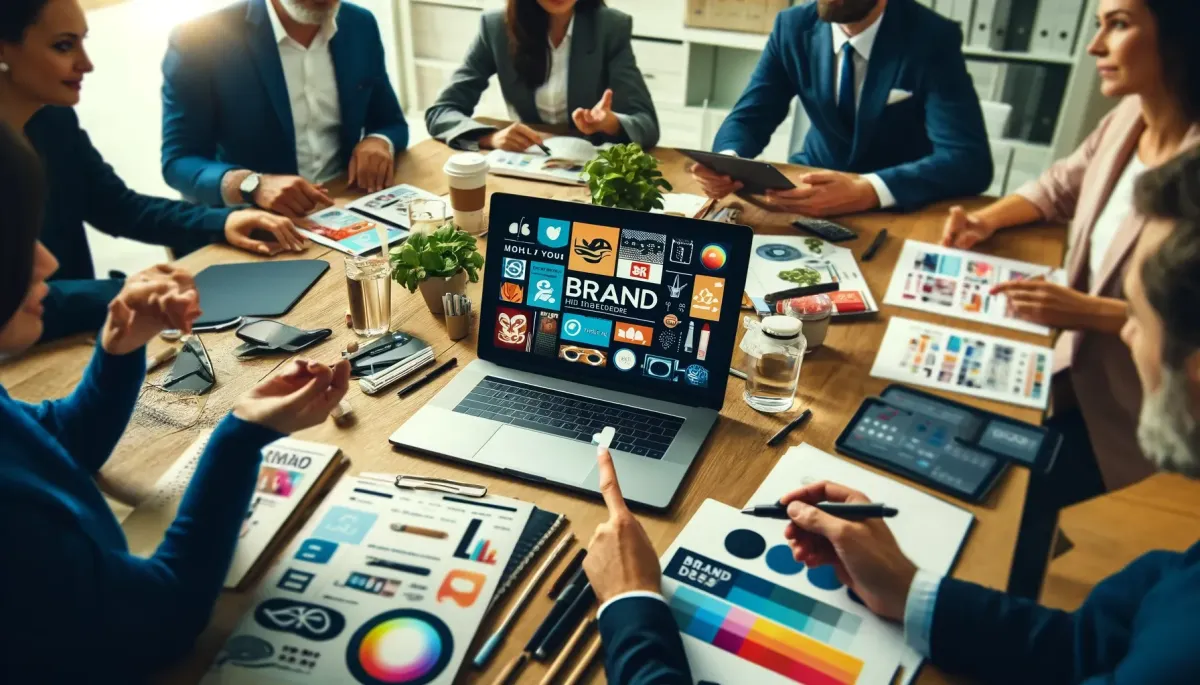 Business team collaborating on brand identity with visuals and brand guidelines displayed on a laptop screen.