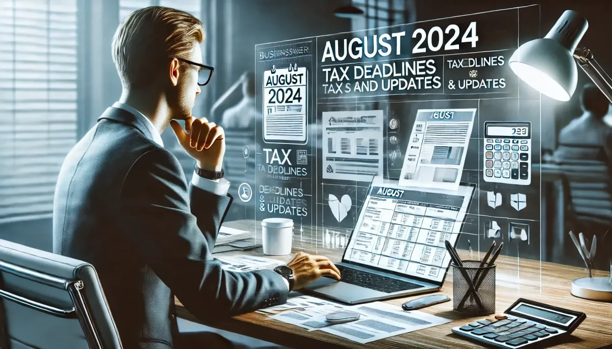 "Business owner reviewing August 2024 tax deadlines and updates on a laptop."