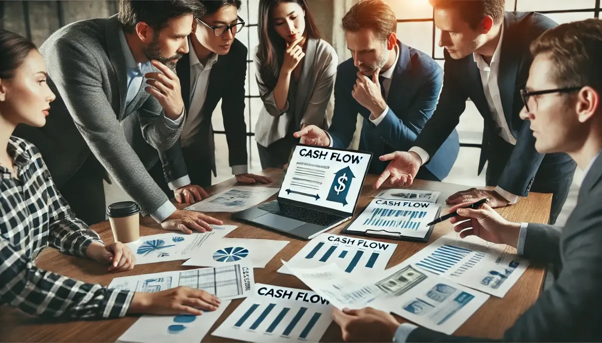 Business team discussing cash flow strategies with financial documents displayed on a laptop.