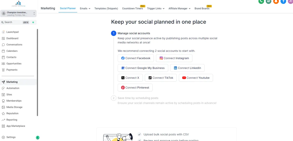 The social planner page where you can easily connect you social media accounts.