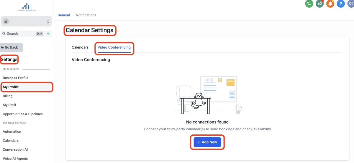 Settings page for adding a video conferencing account