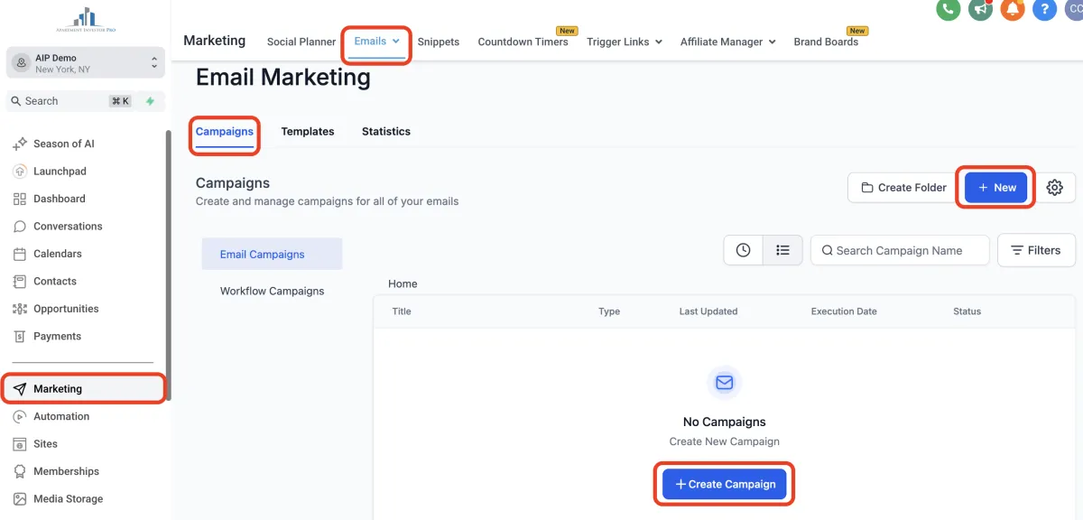 email campaign screen