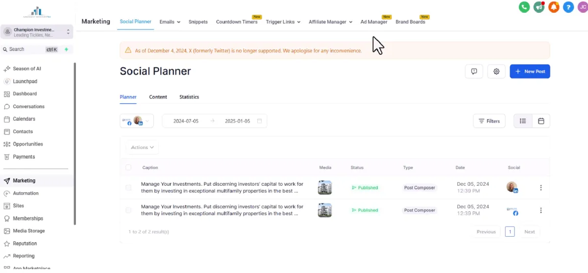 Image of the social planner dashboard