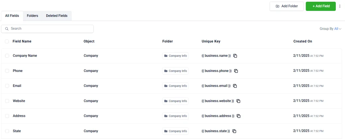 The settings to edit, add new and organize custom fields and their folders. 