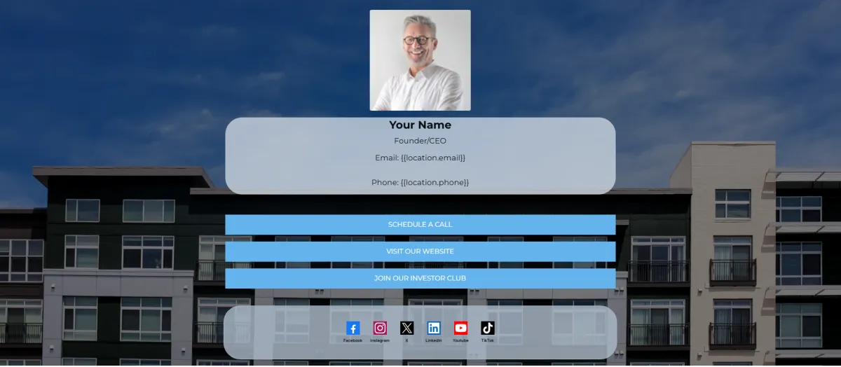 A digital business card displaying placeholder info and an example headshot with an apartment building in the background. 