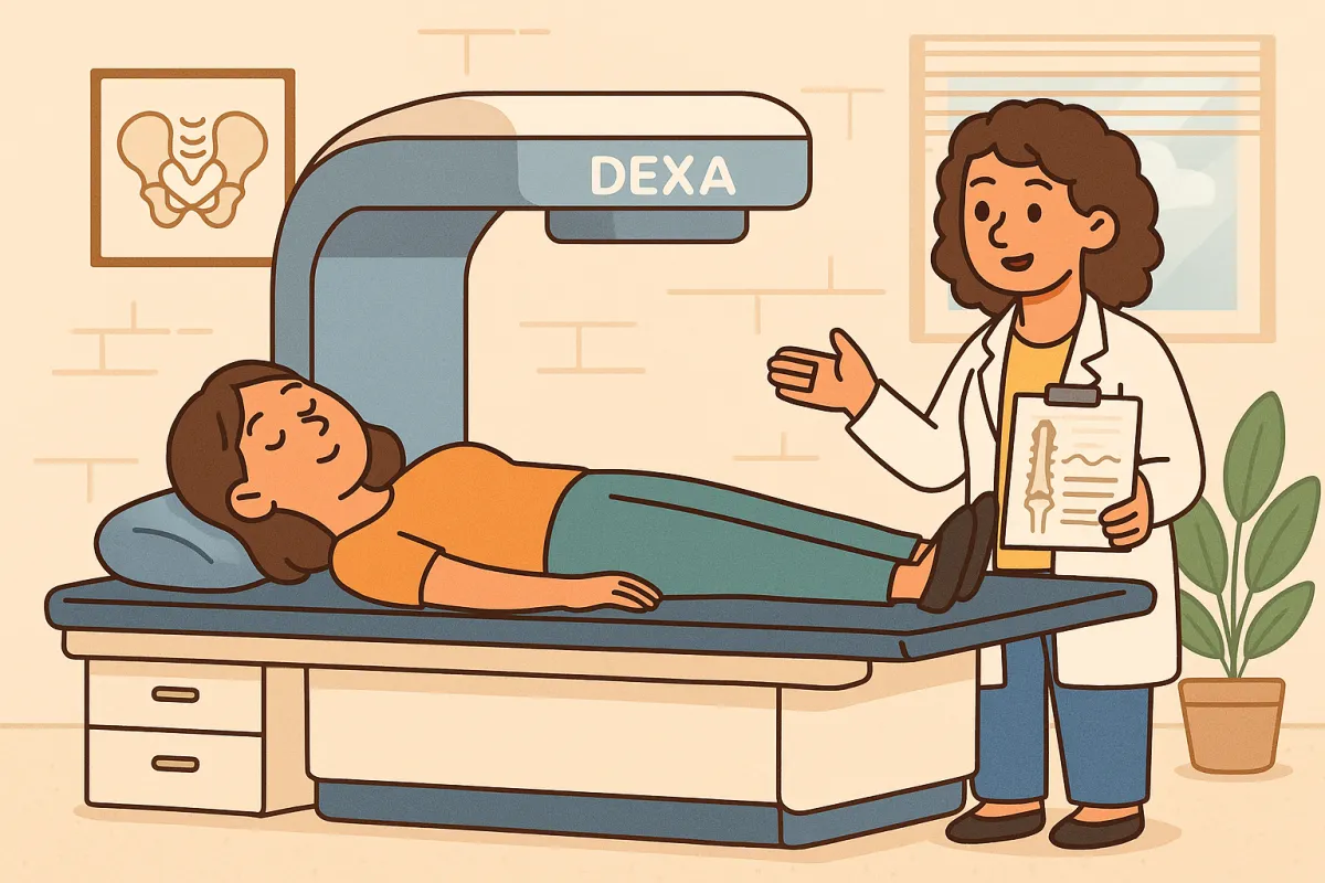 image of a woman undergoing a DEXA bone density scan, with the scanning arm positioned over her hip area. A smiling technician stands nearby holding a clipboard, in a calm clinical setting.