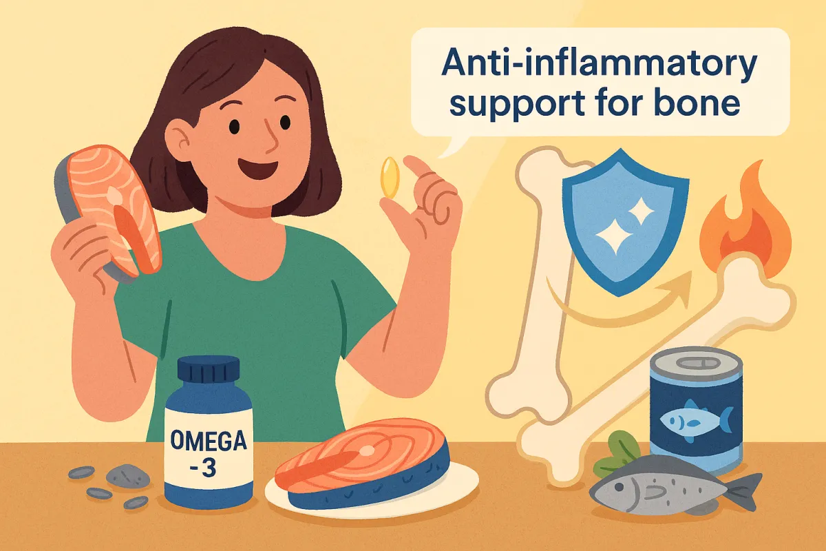 A smiling woman holds a salmon fillet and a fish oil capsule. On the counter are omega-3-rich foods like sardines and chia seeds. Behind her, a glowing shield protects a bone, while a fading flame symbolizes reduced inflammation. A bottle labeled “Omega-3” is also shown.