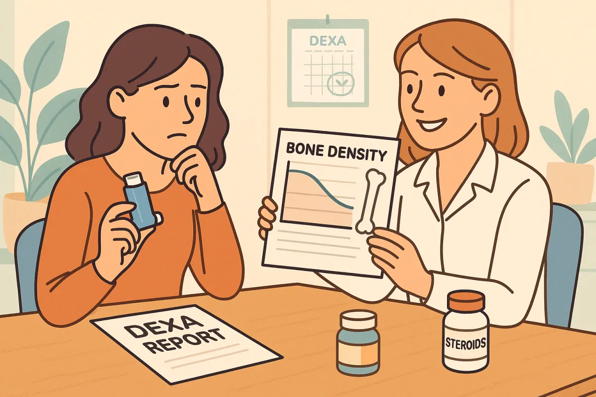 A woman sits at a clinic desk holding a steroid inhaler while reviewing a DEXA bone density report with a supportive health coach. A calendar marked “DEXA Check” is visible in the background.
