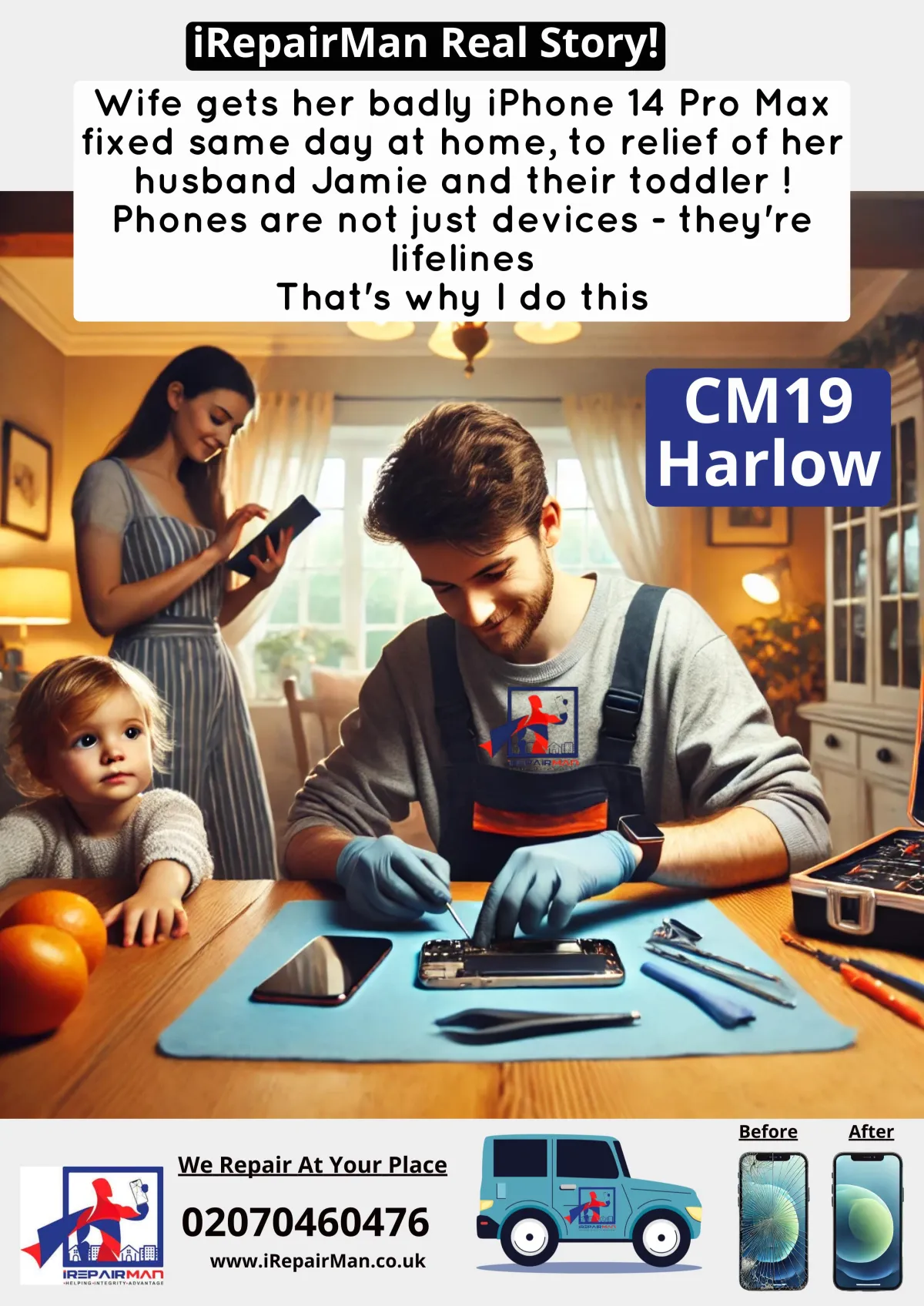 Technician repairing iPhone 14 Pro Max at home while toddler watches and mum smiles with relief.