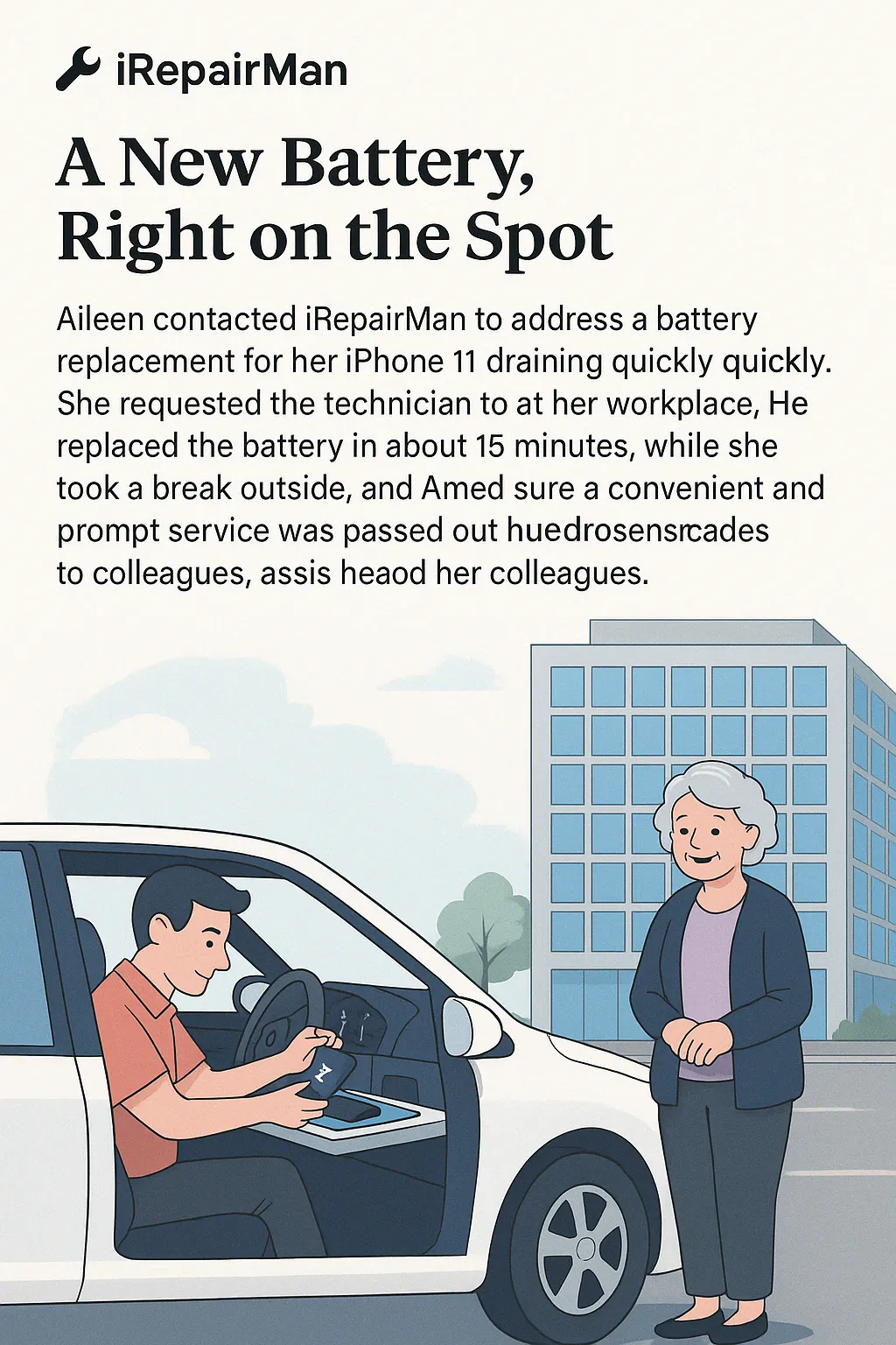 Mobile technician replaces iPhone 11 battery for a working grandmother near Heathrow, fast same-day service at workplace by iRepairMan.