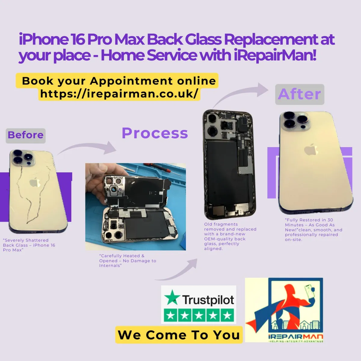 Back glass replacement of iPhone 16 Pro Max completed on-site at Oracle HQ in Central London