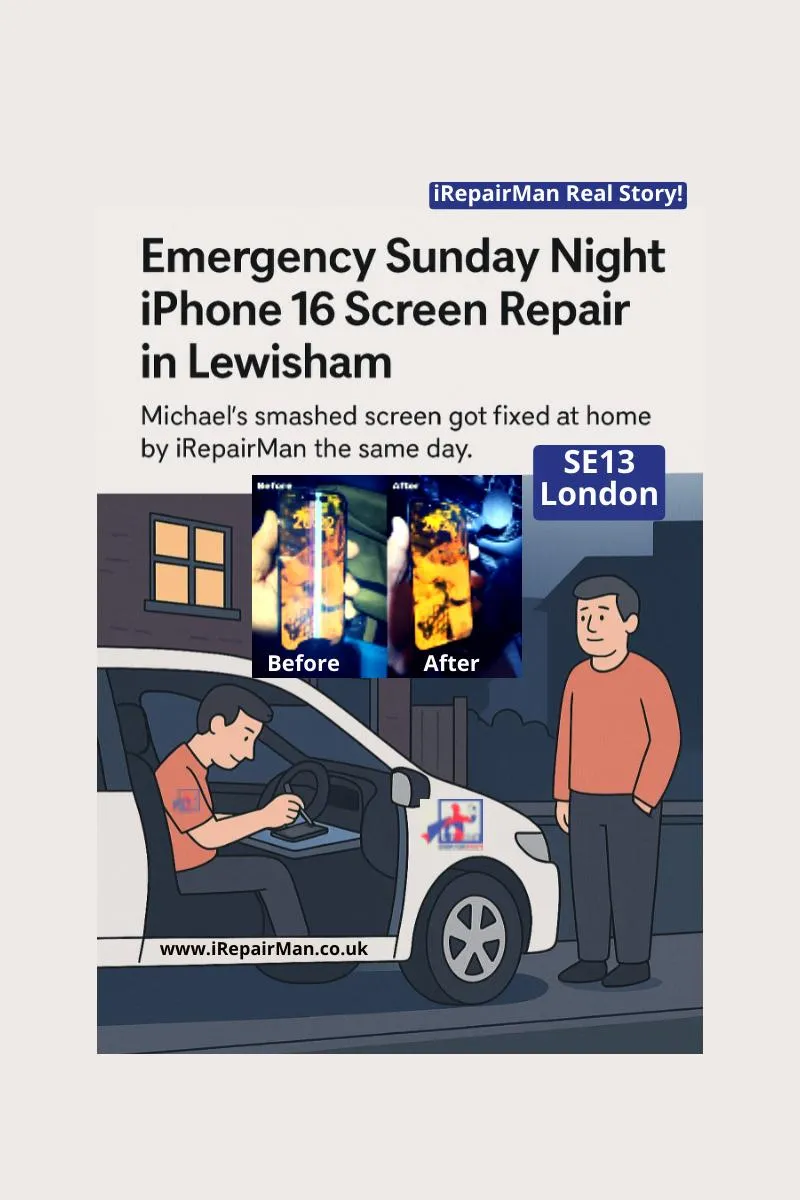 iPhone 16 screen repaired on Sunday night by iRepairMan technician in a mobile van outside a customer’s home in SE13 Lewisham; fast 25-minute emergency call-out repair.