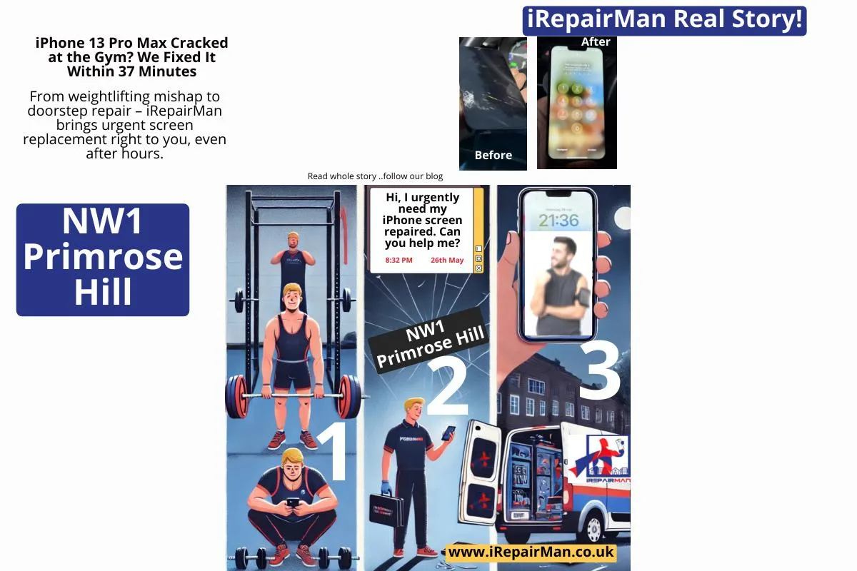 “Illustration of a gym user who broke his iPhone 13 Pro Max during a workout and had it fixed within 37 minutes by iRepairMan’s doorstep repair service in London.”