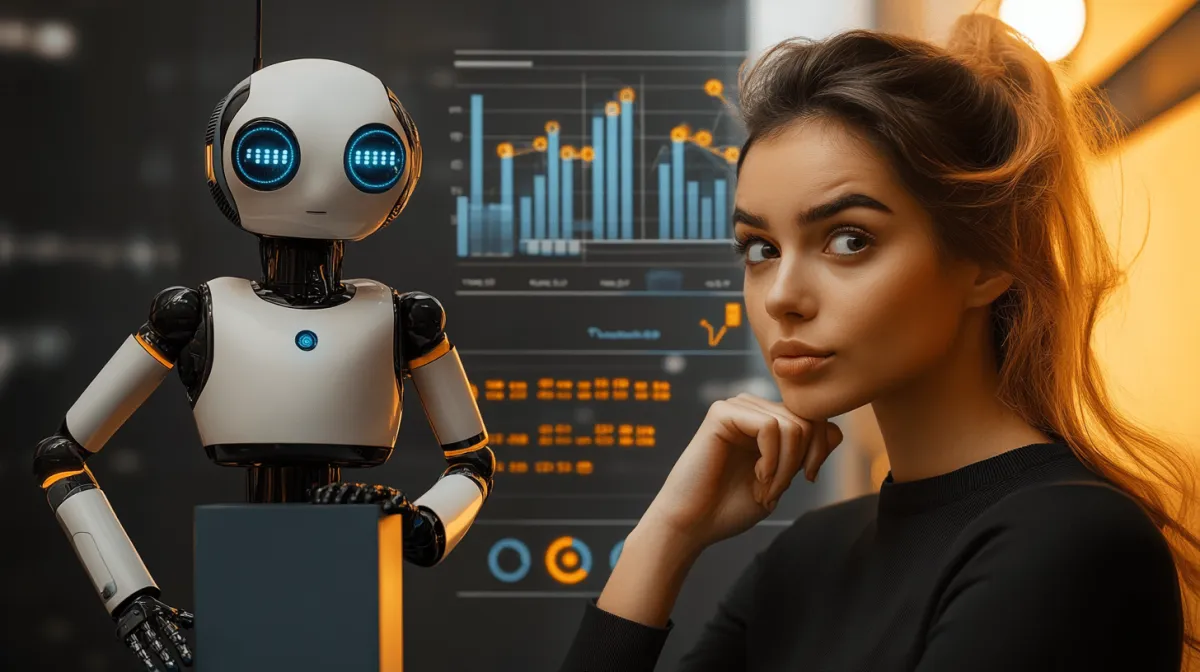 A futuristic AI-powered business environment featuring a humanoid robot and a young professional analyzing data on a digital dashboard. The setting reflects innovation, technology, and strategic decision-making.