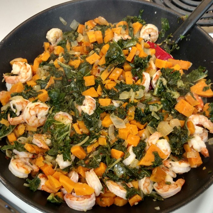 Paleo Sweet Potato, Kale and Lemon Shrimp Skillet