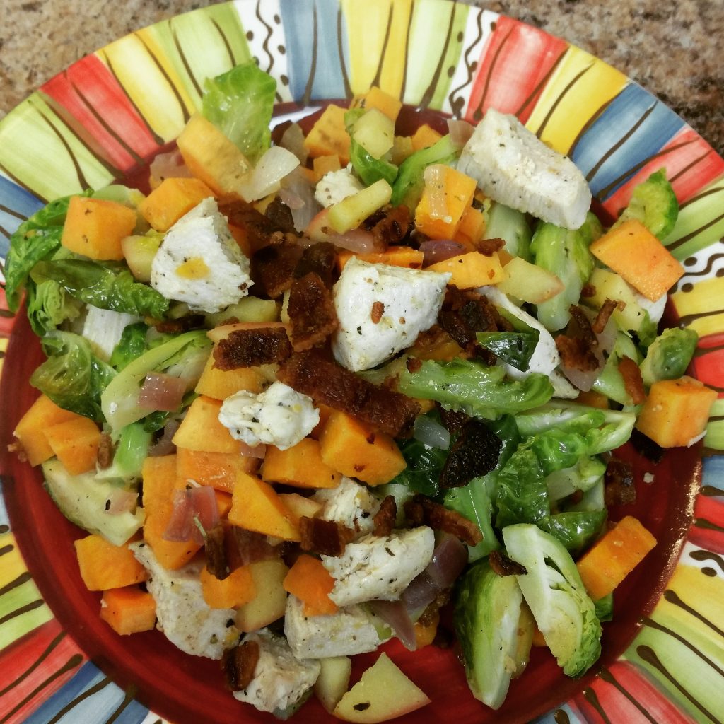 Paleo Sweet Potato, Chicken, Brussels Sprouts, Apple and Bacon Skillet.