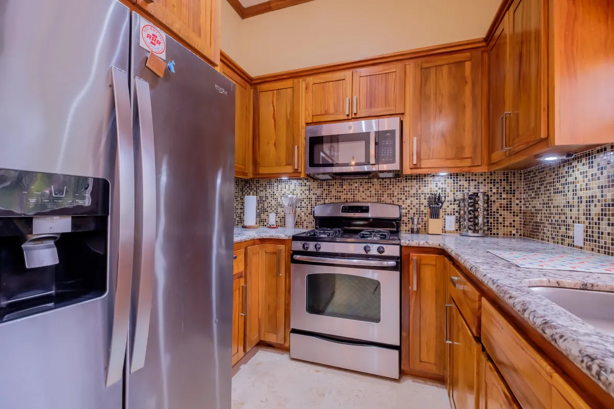 Kitchen with Large refrigerator, stove and dishwasher