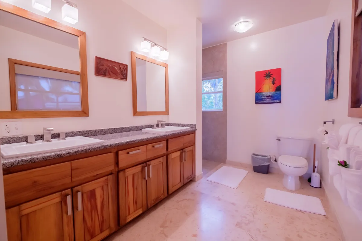 Full bathroom with walkin shower in luxury Amergris Caye Belize vacation rental