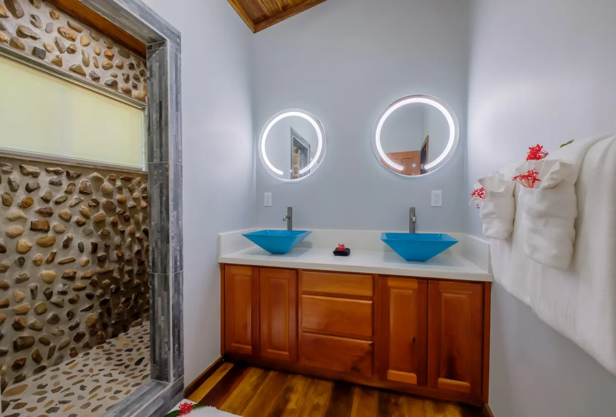 Bathroom with Walkin Shower and Dual Sinks in Ambergris Caye Vacation Rental