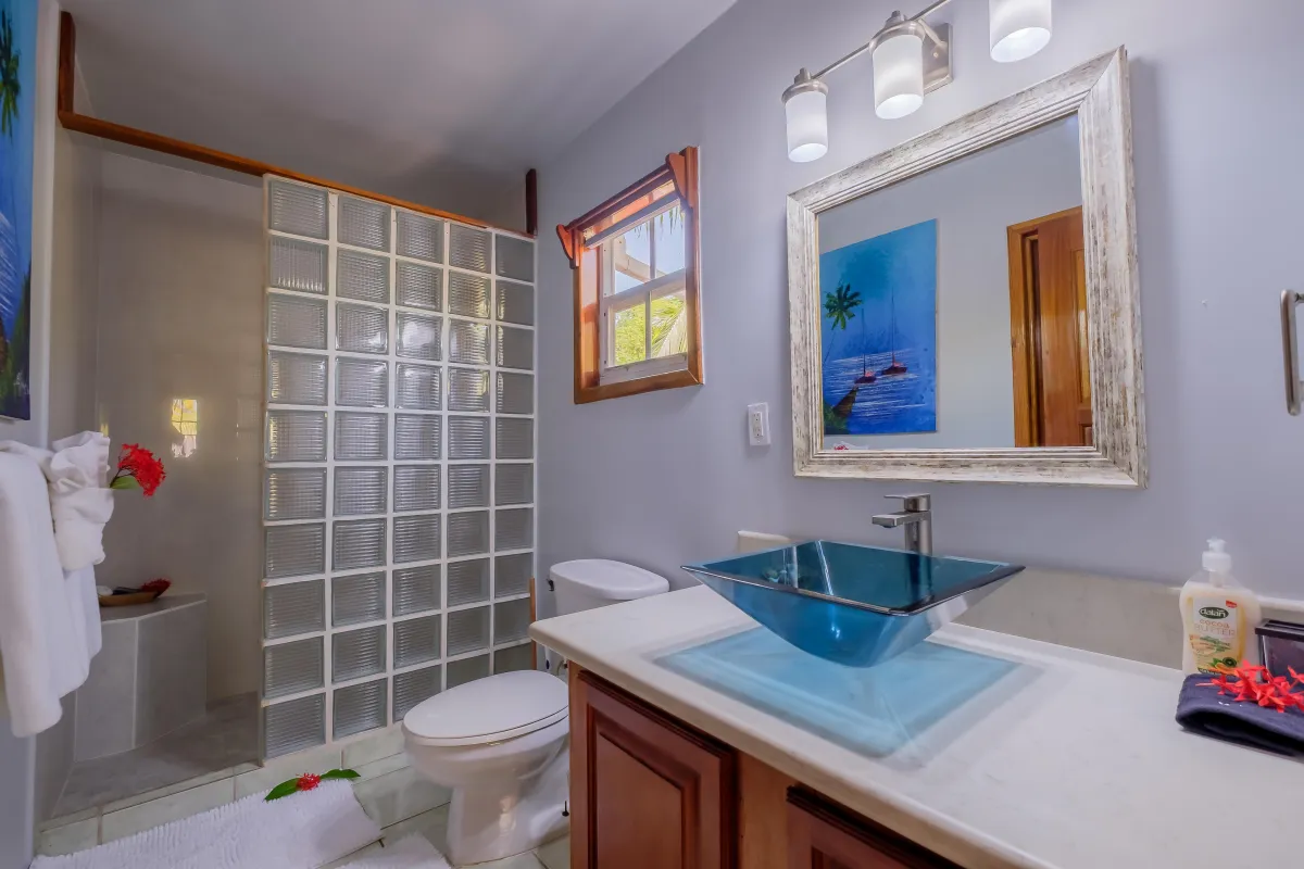 Full bathroom with dual sinks and walkin shower