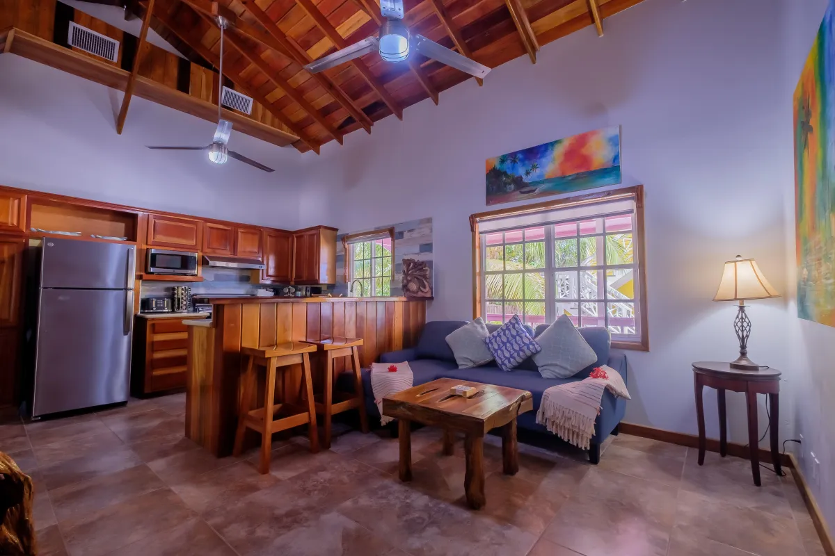 Living room with couch and TV in Ambergris Caye Vacation Rental
