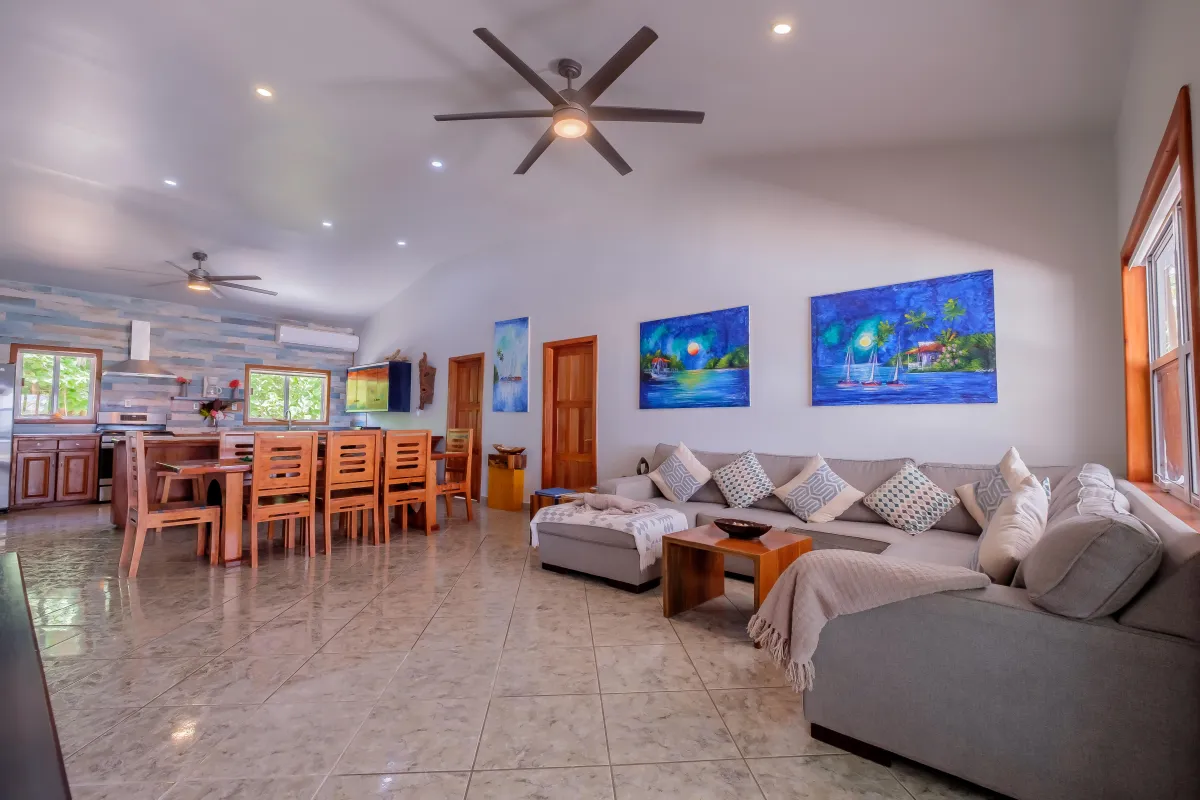 L shaped couch in open concept living room