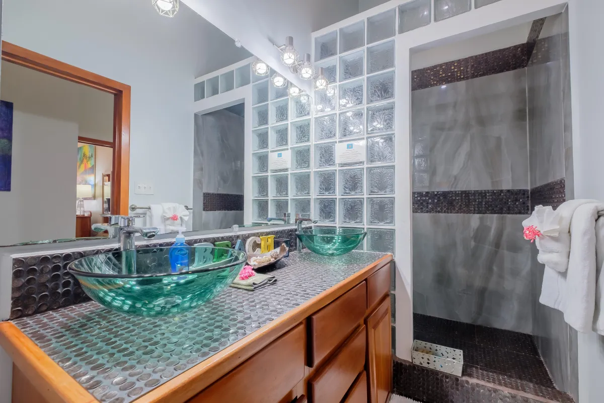 spacious private bathroom with walkin shower and dual sinks