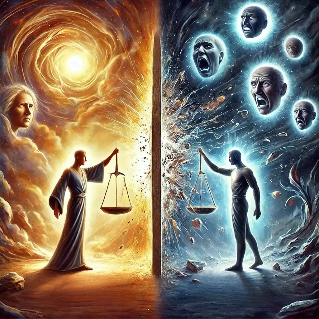 Light with character on left side with scale, dark on right side with character and a scale representing healthy and toxic judgment