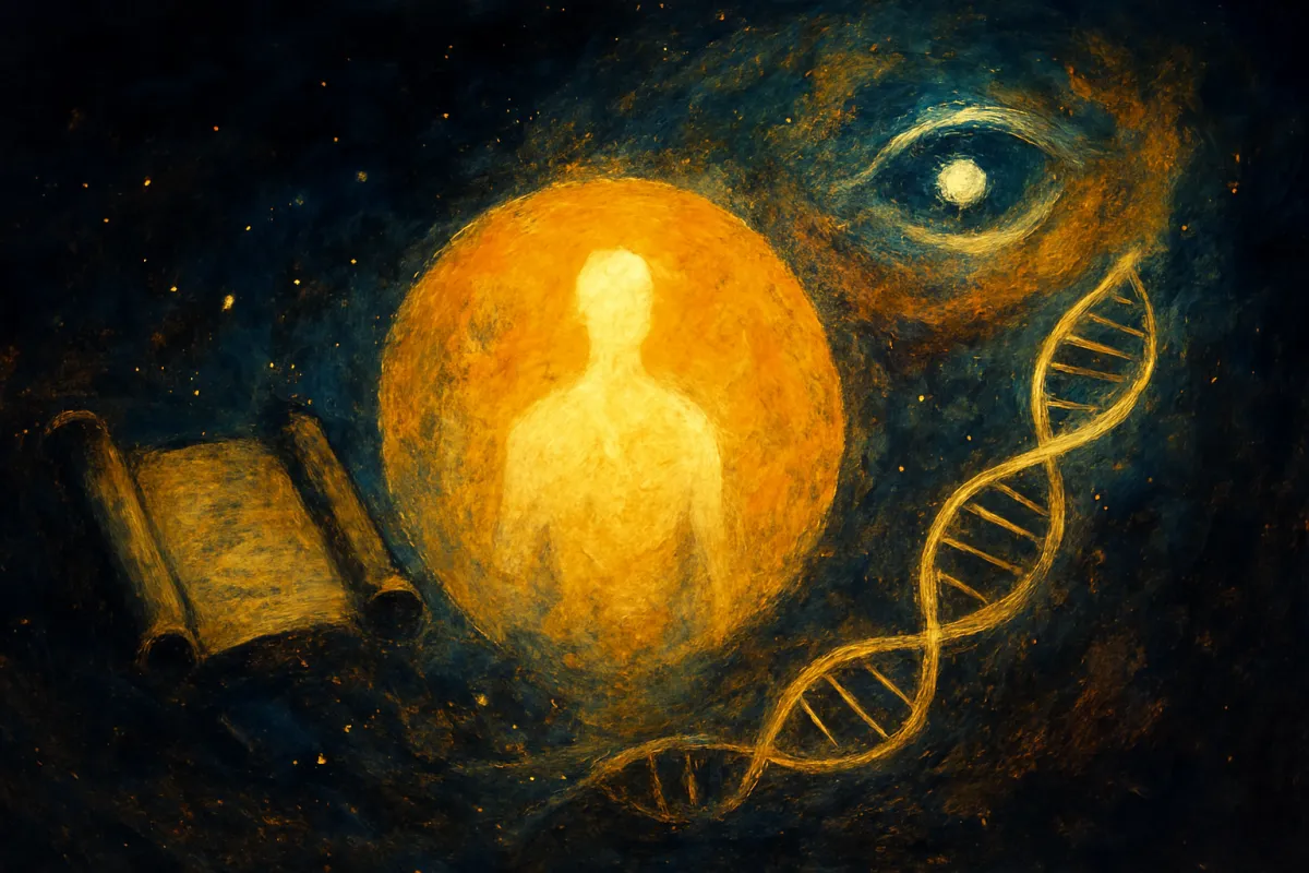 Mystical scene with an eye, scroll, and luminious being in the cosmos.