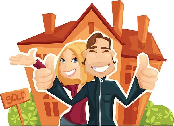 Home seller husband and wife smiling with a sold sign on their house