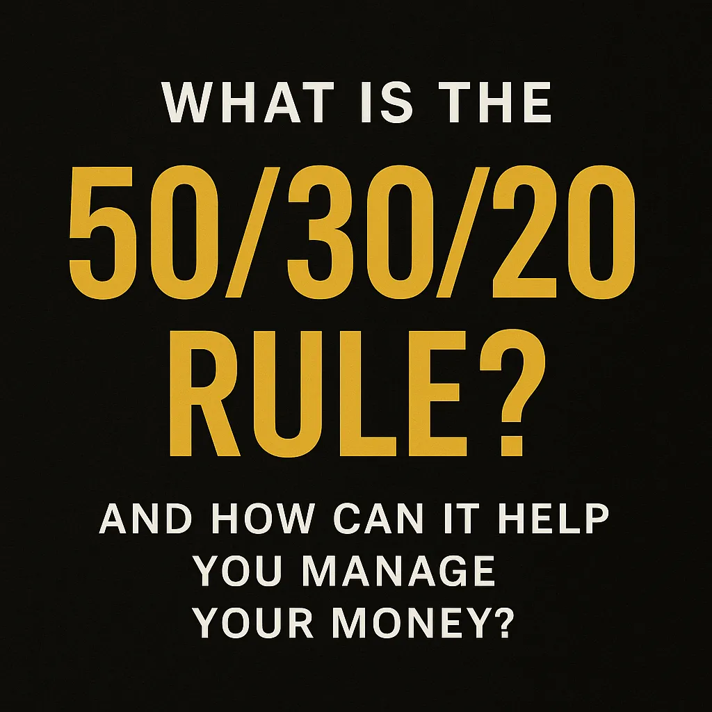 Bold black and gold graphic that reads "What Is the 50/30/20 Rule? And How Can It Help You Manage Your Money?" in clean, modern font.