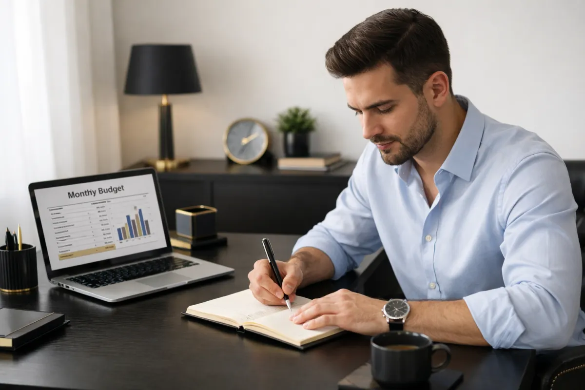 A young professional reviewing his monthly budget at a clean modern workspace with a laptop and notebook.