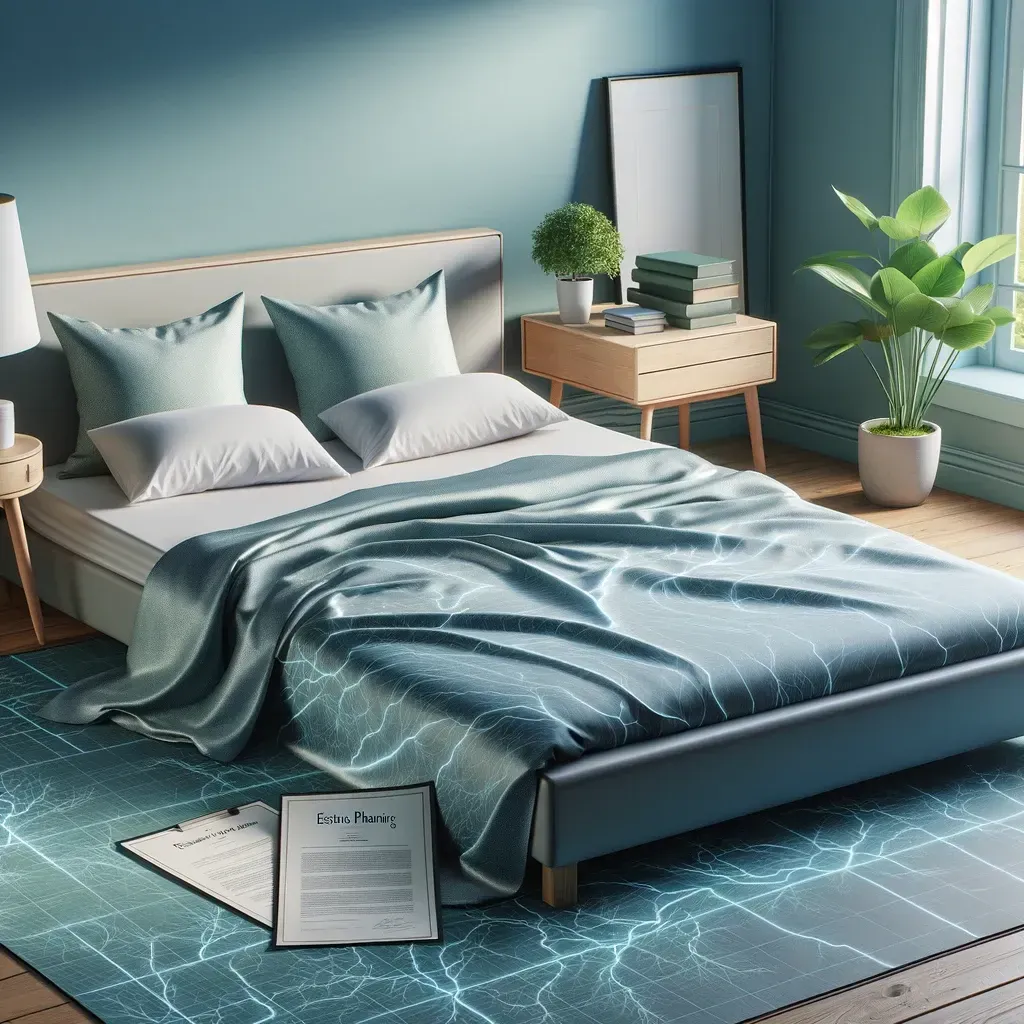 An image of a serene bedroom with a grounding sheet on the bed, a notepad with estate planning documents on a bedside table, symbolizing the connection between physical health and financial planning.